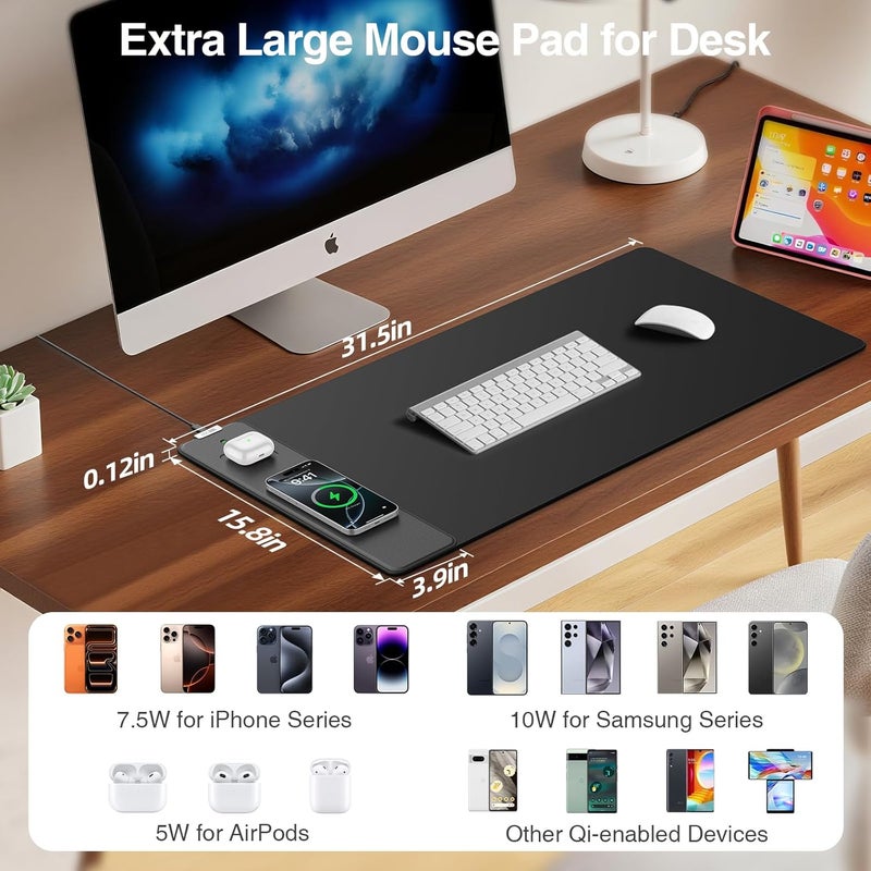 abc.mat Magnetic Wireless Charging Mouse Pad, 31.5"x15.8" Large Gaming Desk Mat for Keyboard/Laptop, Non-Slip Base & 20W PD Adapter, Waterproof Ultra-Smooth Surface Mousepad for Gamer, Office & Home, Black - Image 3